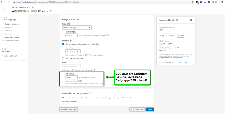 LinkedIn Anzeigenkampagne Gebotsstrategie: $0,20 USD pro Nachricht für kaufbereite Zielgruppe