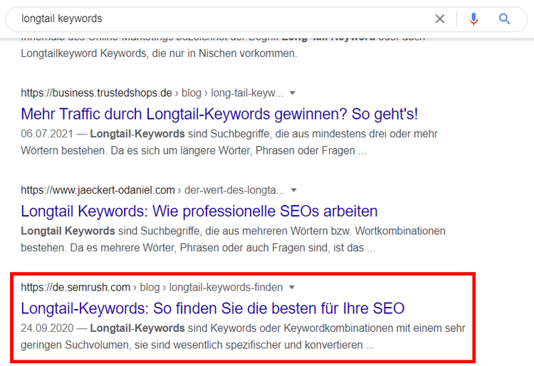 Screenshot: Google-Suchergebnis für 'Longtail-Keywords'