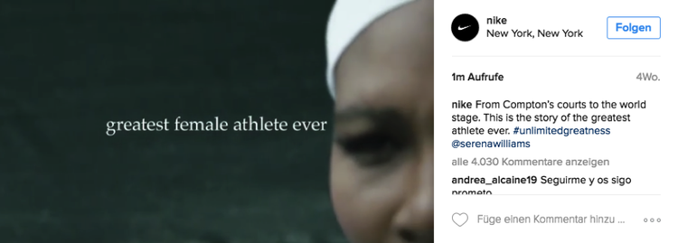 Nike Instagram-Post: greatest female athlete ever mit Porträt-Nahaufnahme