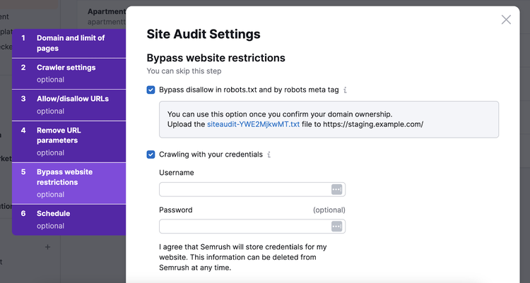 Einstellungen im Site Audit, Fenster für Umgehung von Website-Einschränkungen