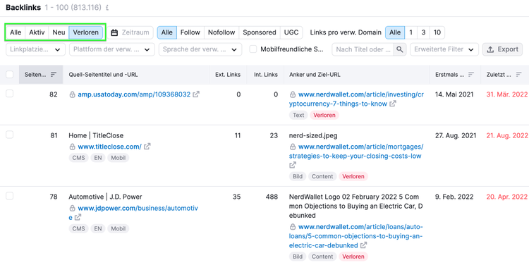 Semrush Beispiel verlorene Backlinks