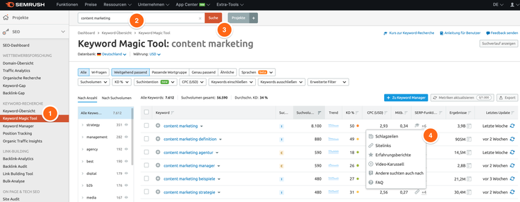 Semrush Keyword Magic Tool: Beispiel Content Marketing