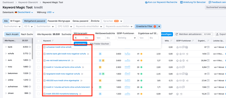 Semrush Keyword Magic Tool: lange Keywords
