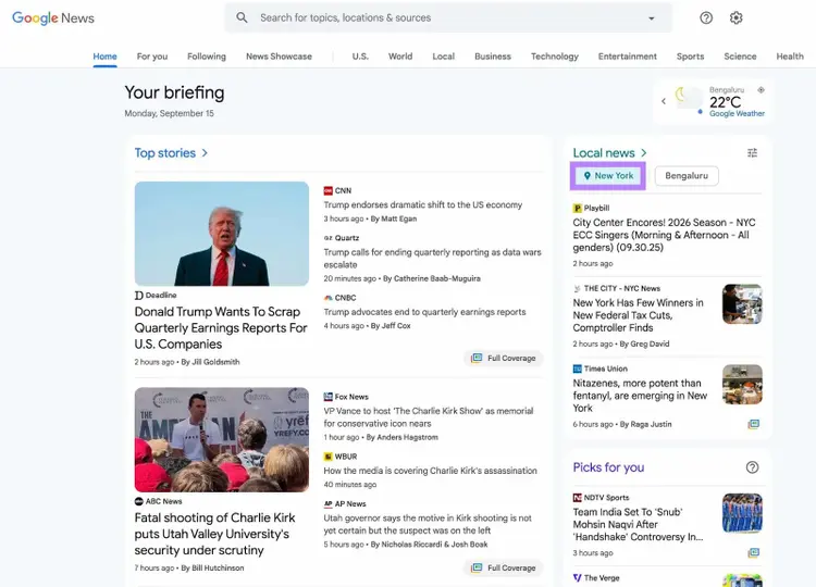 Google News-Seite mit den „Top-Meldungen“ und den „Lokalnachrichten“ für einen Nutzer im Großraum New York.