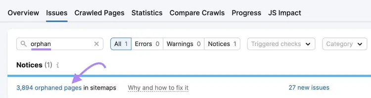 Seite "Site Audit Issues" mit "Orphan" in der Suchleiste und "3.894 verwaiste Seiten in Sitemaps" markiert