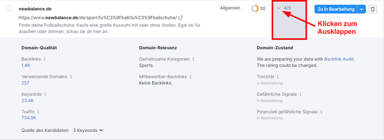 Domain-Wertung im Link Building Tool