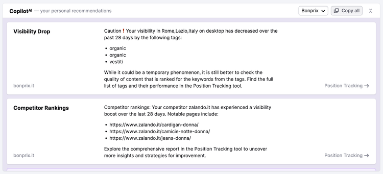 Semrush Copilot: Visibility-Alert und Konkurrenz-Rankings
