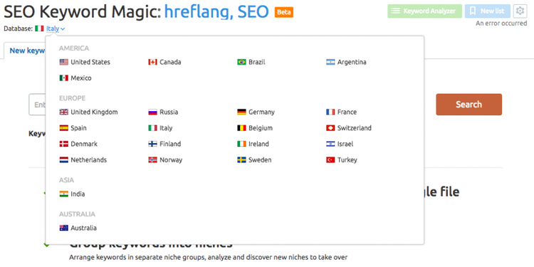 Keyword Magic mit 164-Länder-Datenbanken Dropdown