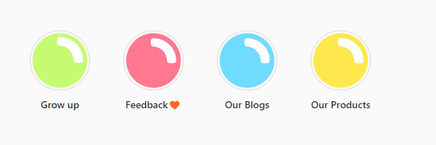 Vier farbige Navigations-Kreise mit Labels Grow up, Feedback, Blogs, Products