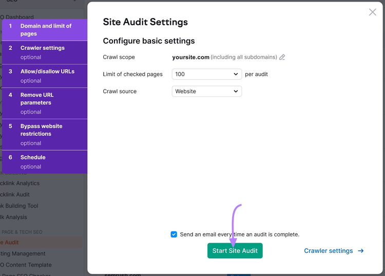 Página de Configuración de la Auditoría del Sitio con el botón "Iniciar Auditoría del Sitio" resaltado