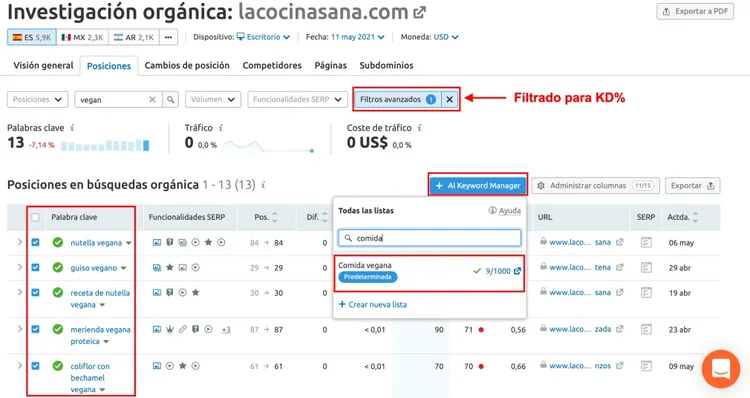 Investigación orgánica: filtro KD%, 13 palabras clave con posiciones ranking