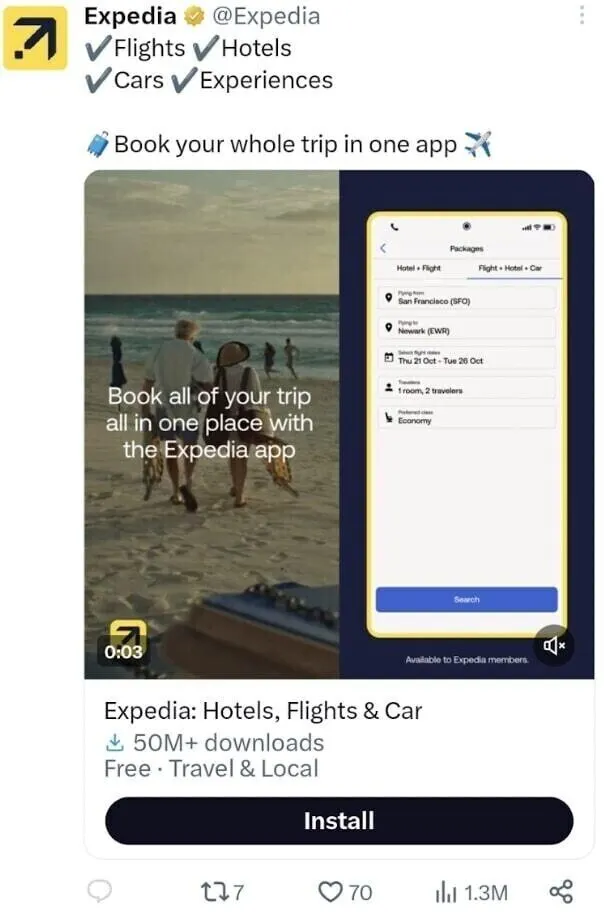 un ejemplo de anuncio en Twitter de Expedia
