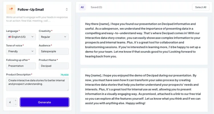 Un borrador de correo electrónico para vendedores que han visto una demostración de Decipad en AI Writing Assistant