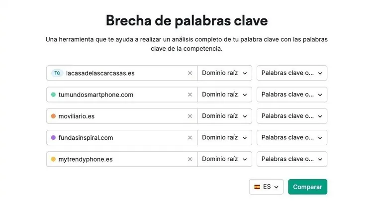 Herramienta Brecha de palabras clave Semrush para comparar múltiples dominios