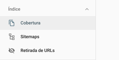 Sidebar de Google Search Console mostrando secciones de Cobertura, Sitemaps y Retirada de URLs