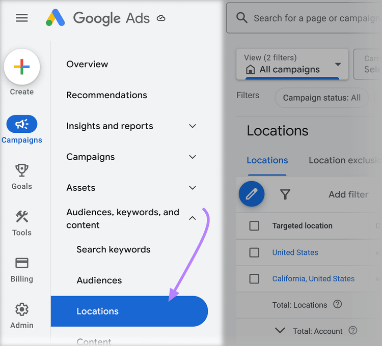 "Ubicaciones" seleccionadas en el menú de Anuncios de Google