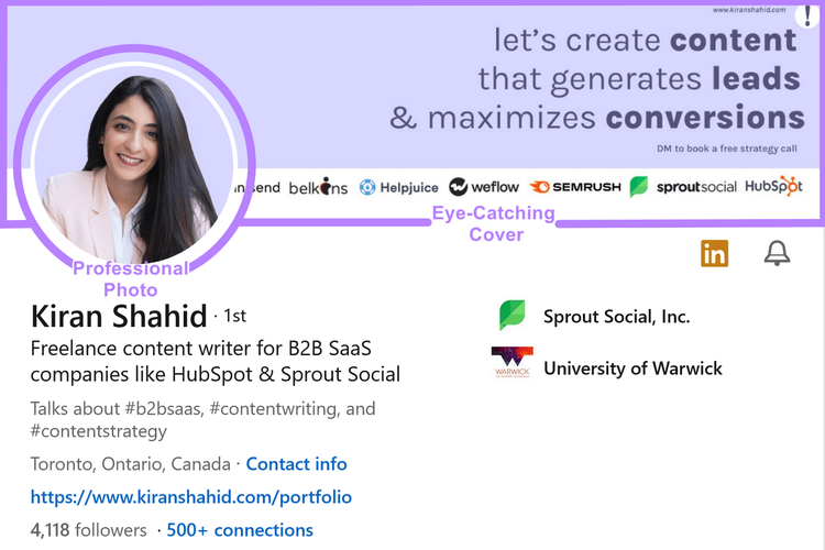 ejemplo de perfil de LinkedIn de "Kiran Shahid" con imágenes de perfil y portada de alta calidad
