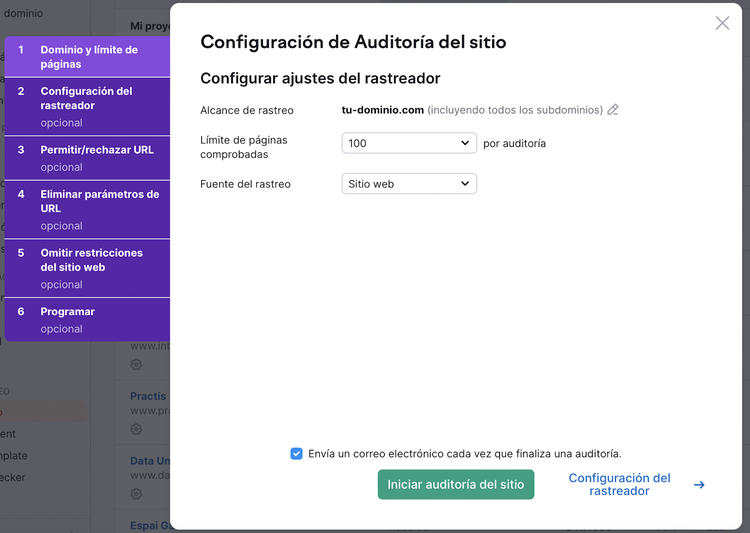 Configura Auditoría del sitio