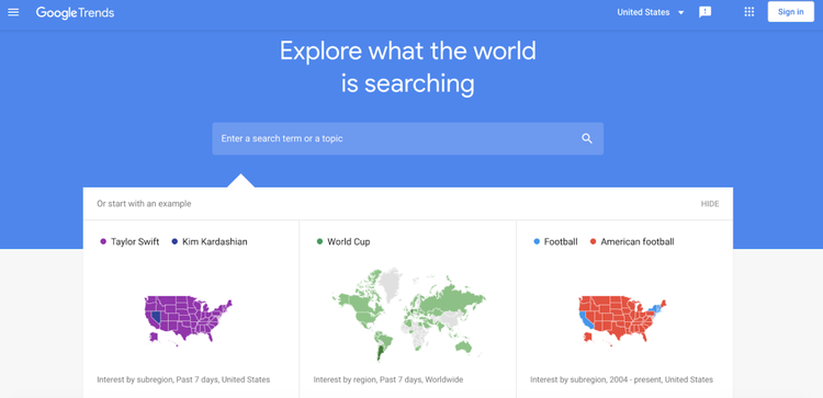 Google Trends interfaz inicial con búsquedas trending globales y por ubicación