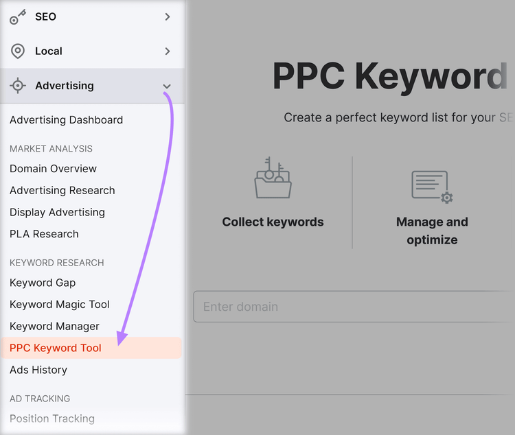 Navegando a "Herramienta de palabras clave PPC" en la barra lateral de Semrush