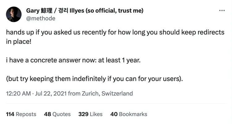 El tweet de Gary Illyes de Google sugiere mantener la redirección indefinidamente si es posible