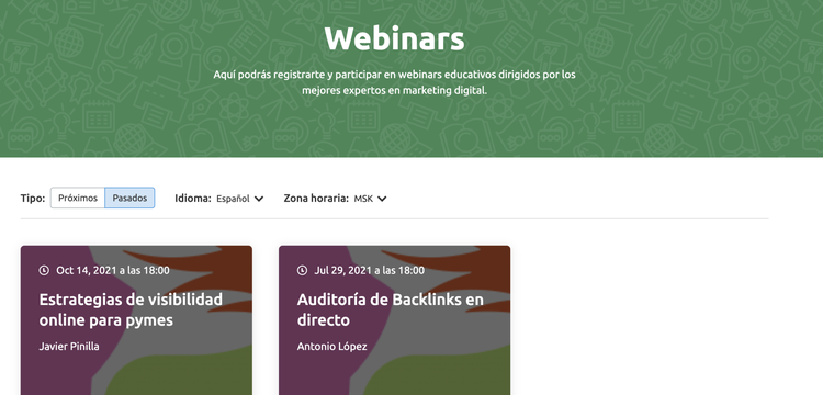 Semrush Webinars: panel de eventos educativos de marketing digital en vivo