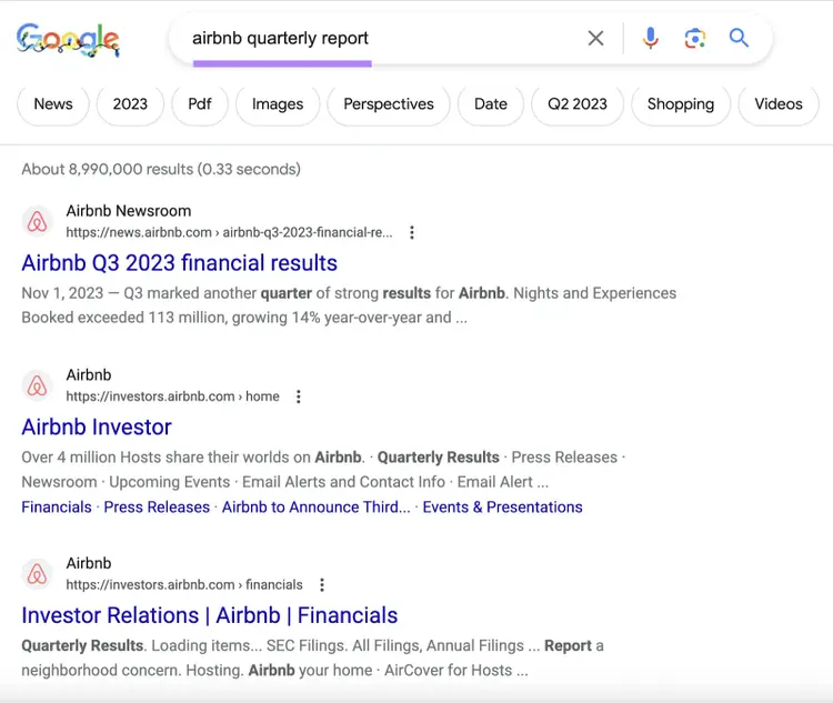 SERP de Google para la consulta "airbnb quarterly report" (informe trimestral de airbnb)