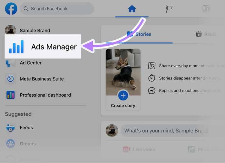 Botón "Administrador de anuncios" resaltado en las analíticas de Facebook