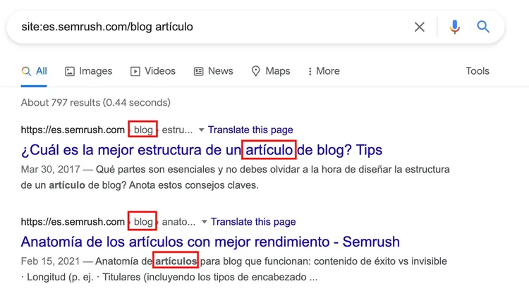 Resultados búsqueda Semrush blog estructura artículo