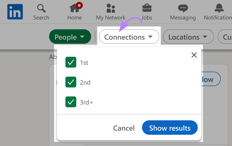 Filtro "Conexiones" de LinkedIn con menú desplegable que contiene casillas de verificación "1ª", "2ª" y "3ª+".