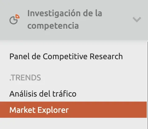 Menú Semrush: Investigación de competencia con opciones de análisis de tráfico