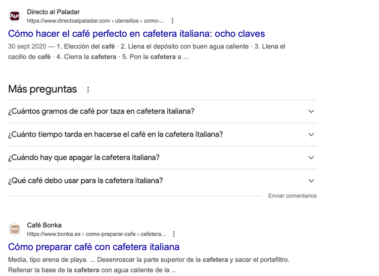 Ejemplo de la consulta “cómo hacer café en una cafetera italiana”