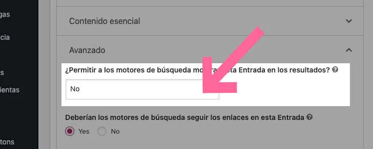 Opción Yoast SEO para permitir entrada en resultados de búsqueda, No seleccionado