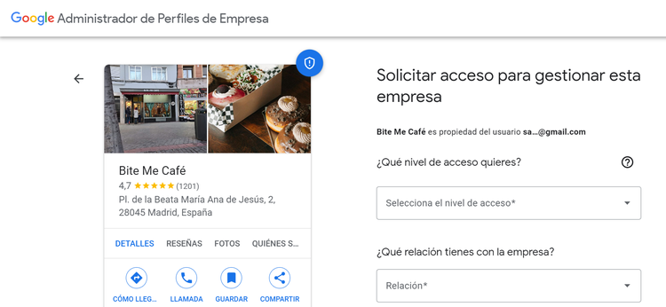 Google Business solicitud acceso nivel acceso relación empresa