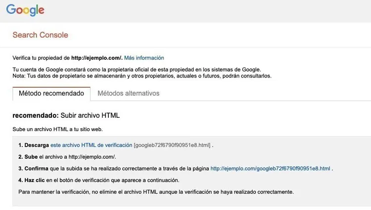 Verificación propietario HTML en Search Console de google.com/ejemplo
