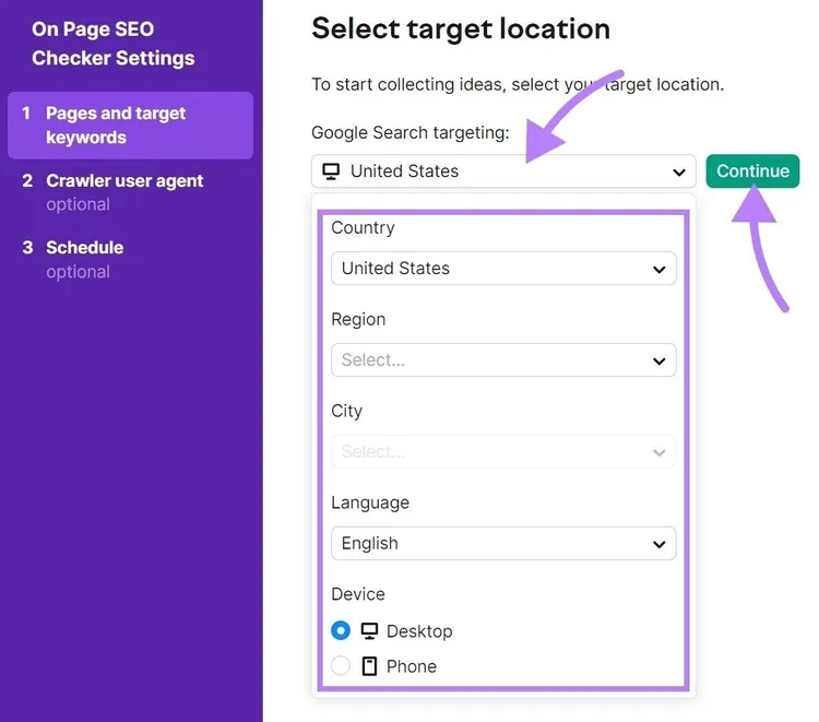 Ventana "Seleccionar ubicación de destino" en la Configuración del Comprobador SEO On Page