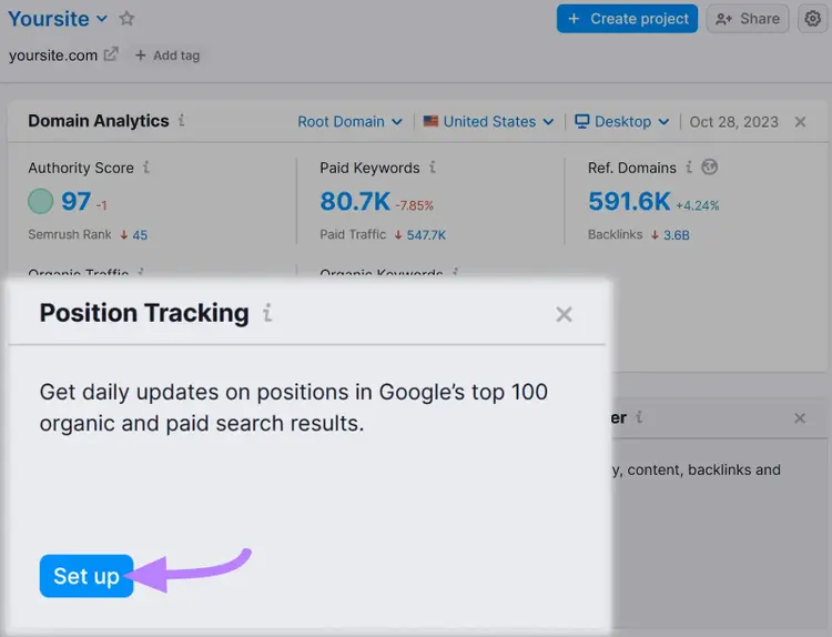 Botón "Configurar" seleccionado bajo el widget "Seguimiento de la posición".