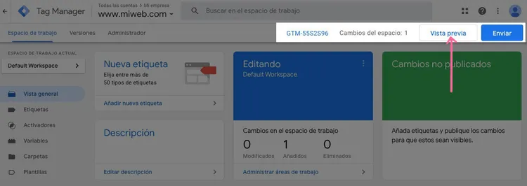 Vista previa de una web en GA4