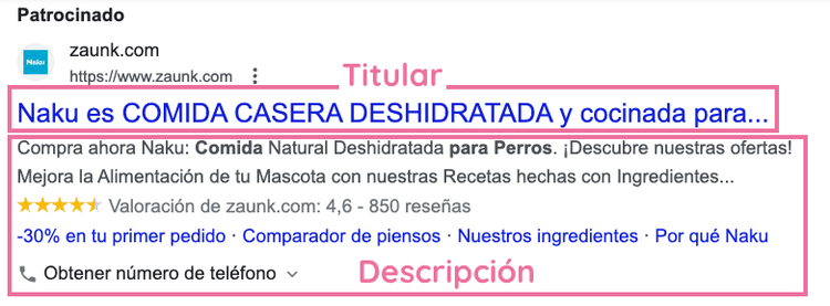 Un anuncio de búsqueda normalmente se compone de un título y una descripción