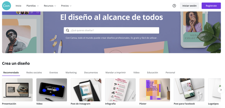 Página inicio de Canva con encabezado El diseño al alcance de todos