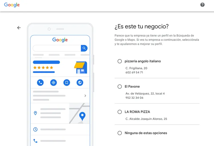 Google pregunta si es tu negocio con opciones de pizzerías duplicadas