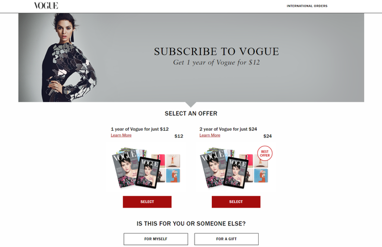 Anatomía de una landing page ideal - Suscripción a Vogue