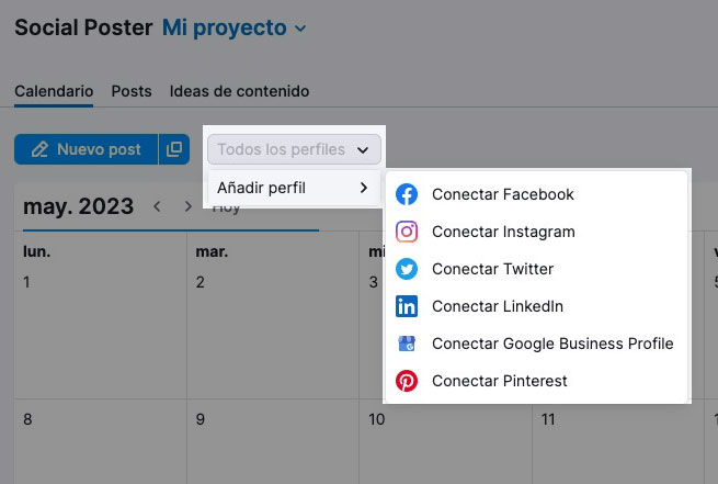 Redes sociales en la herramienta Social Media Poster de Semrush