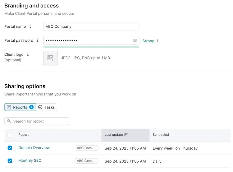 Portal del cliente CRM de Semrush