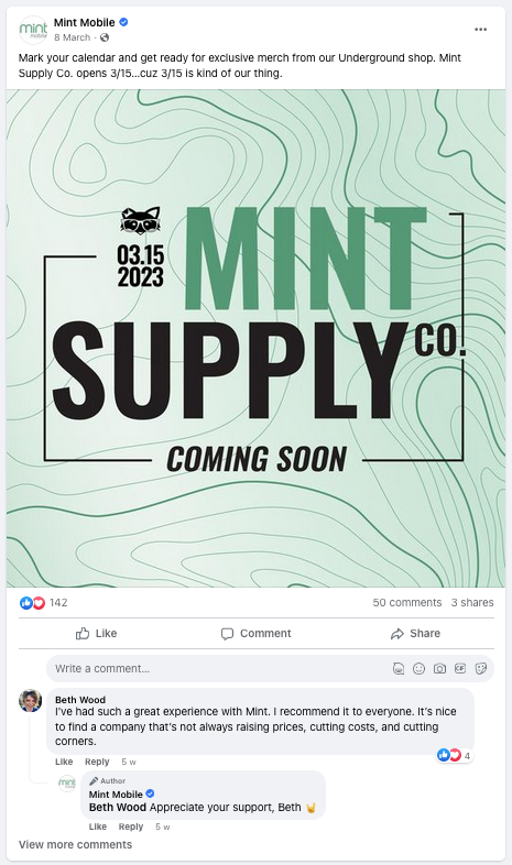 Publicación en Facebook de Mint Mobile