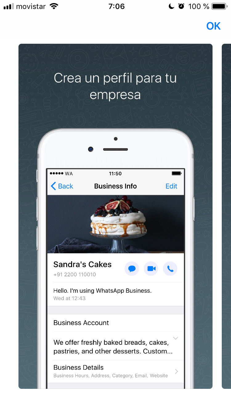 Perfil WhatsApp Business Sandra's Cakes con información