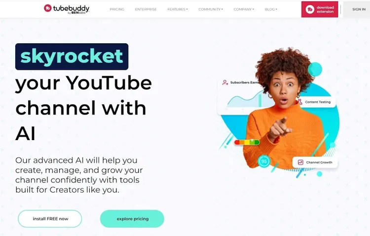 Página de inicio de TubeBuddy con el título "dispara tu canal de YouTube con IA"