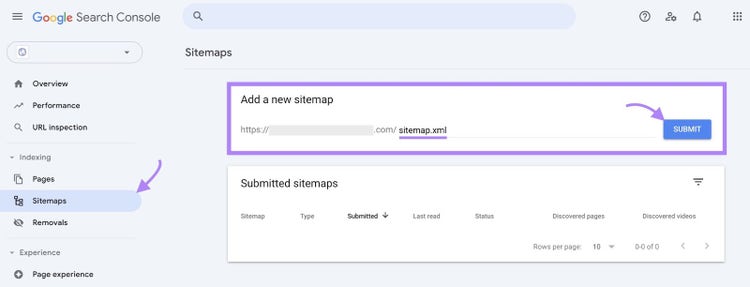 "Sitemaps" en Google Search Console con "Añadir un nuevo sitemap" resaltado, una URL de sitemap ingresada y "Enviar" hecho clic