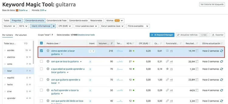 Keyword Magic Tool showing informational keywords for learning guitar