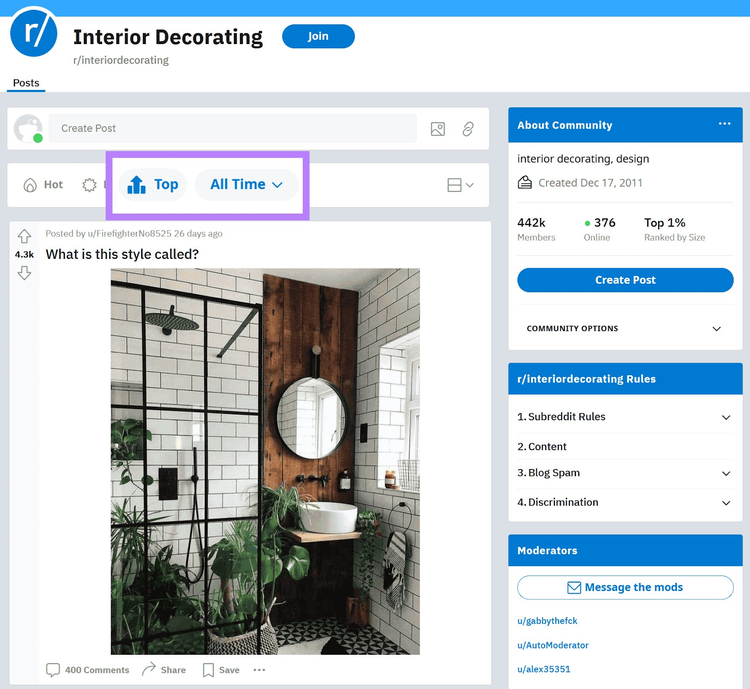 Página del subreddit de Reddit "Decoración de interiores"